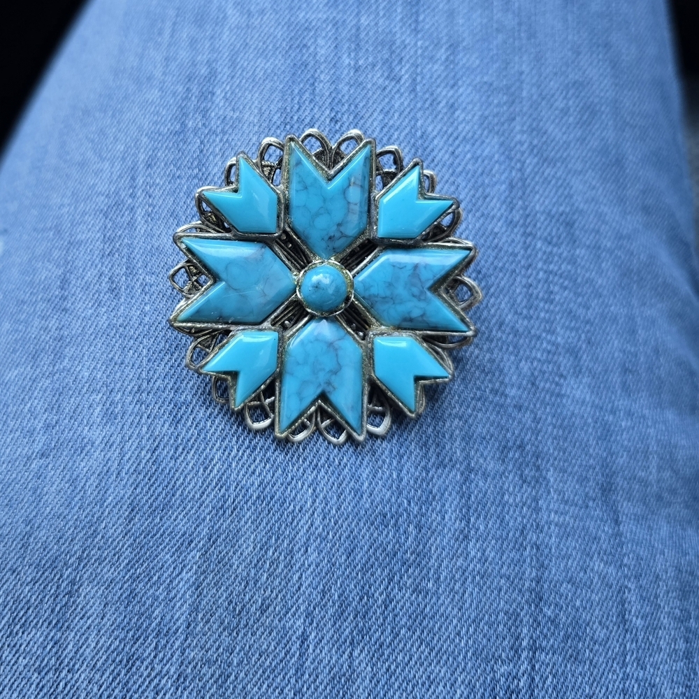 Native Turquoise and Silver Floral Brooch